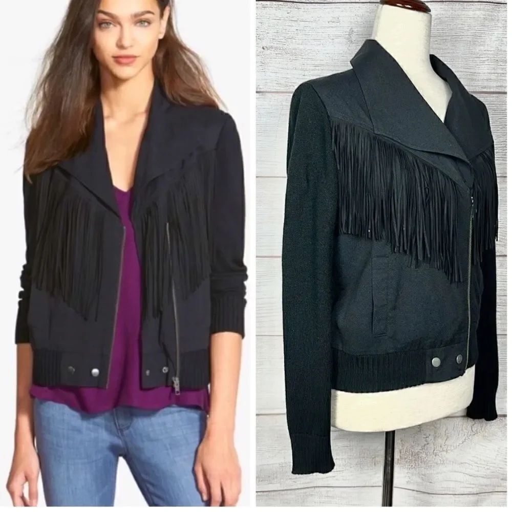 ELLA MOSS Black Lightweight Fringed Moto Jacket Knit Sleeves and Back size S